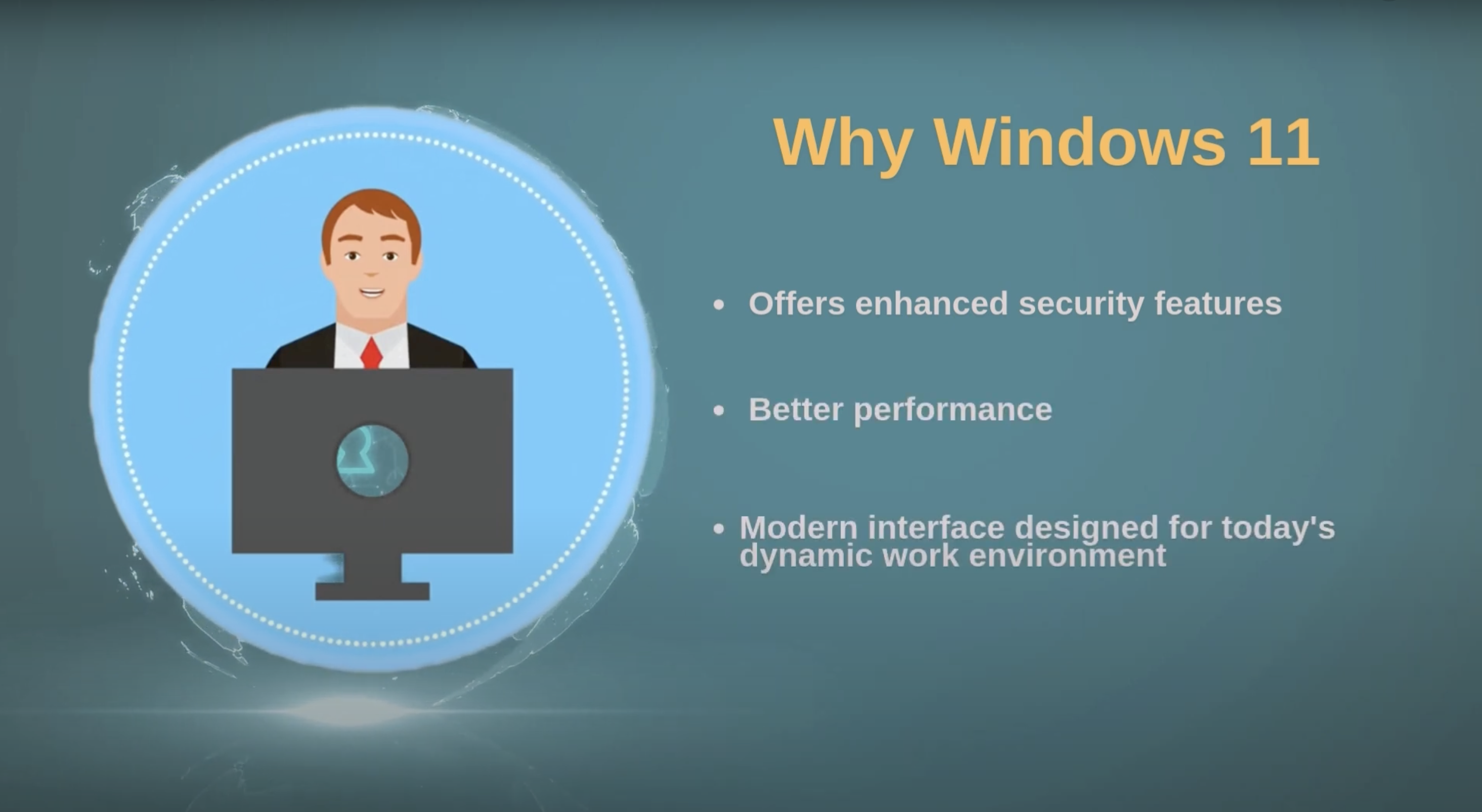 A graphic shows a person in a suit at a computer next to text explaining why to use Windows 11: with Microsoft ending support for Windows 10, enjoy enhanced security, better performance, and a modern interface for dynamic work environments.